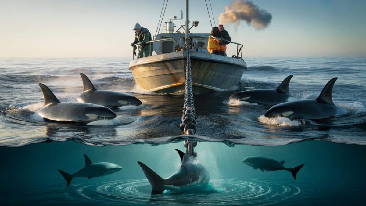 Fishermen say sharks charged their anchor chain seconds after orcas encircled them leaving the crew fearing the worst