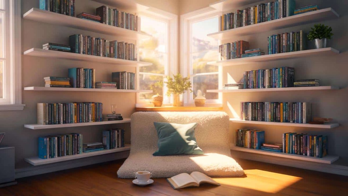 How to create a reading nook in any unused corner of your home using a floating shelf bookcase and a small cushioned bench