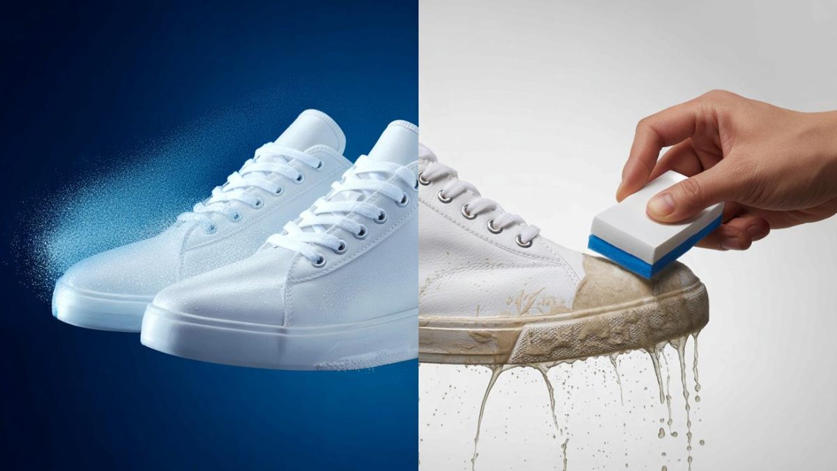 How to keep your white sneakers looking brand new using a magic eraser and a protective spray that repels dirt and mud