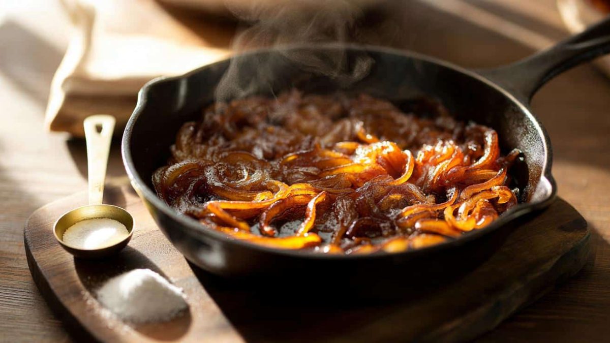 How to make restaurant quality caramelized onions in 15 minutes instead of 45 using a pinch of baking soda in the pan