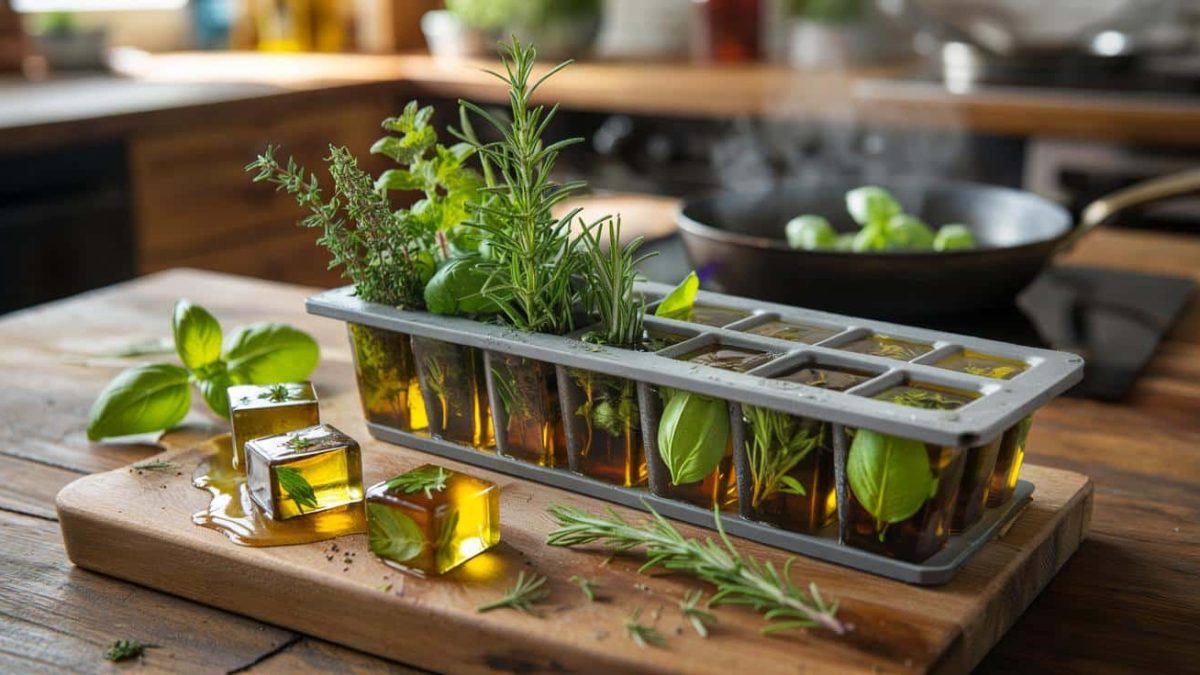 How to preserve fresh herbs for three months by freezing them in olive oil cubes that you can drop directly into any pan