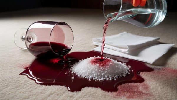 How to remove red wine stains from carpet immediately after the spill using cold water and salt before it sets permanently