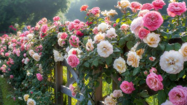 How to train climbing roses along a fence so they bloom repeatedly from June through October without any complicated pruning schedule