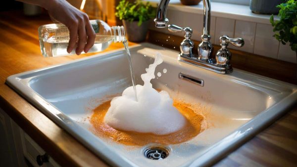 The baking soda and vinegar kitchen sink cleaning method that removes stains and odors in less than three minutes flat