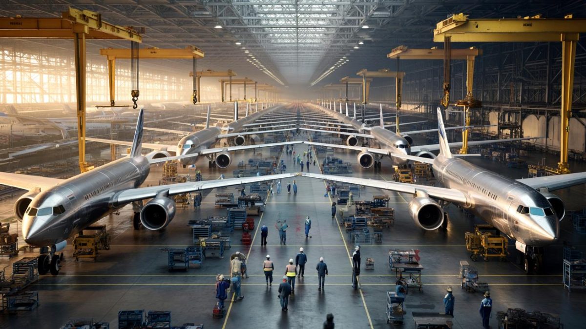 The world’s largest factory employs 30,000 people, could hold 3,753 Olympic pools, and can build eight jets at once