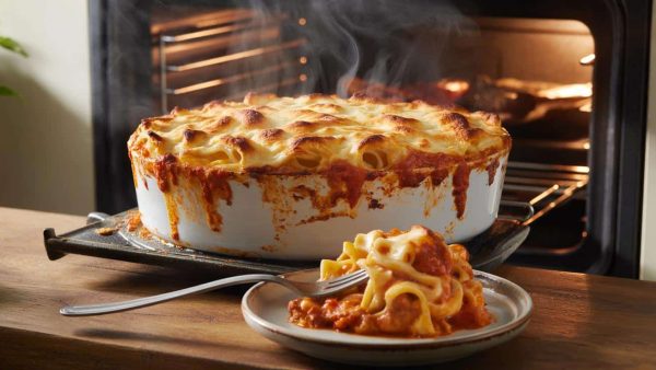 This pasta bake uses uncovered cooking for better texture on top