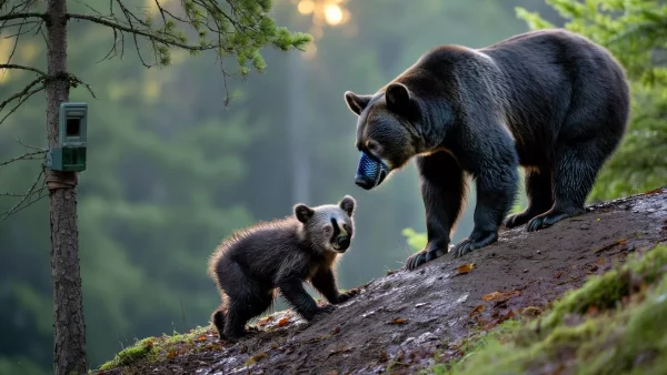 Trail camera captures emotional moment a mother bear gently encourages her struggling cub to climb uphill