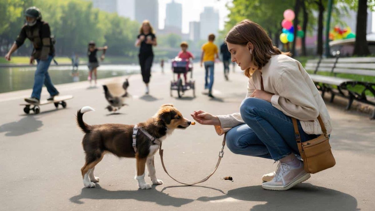 Training your puppy to behave well on walks in busy urban parks without professional help