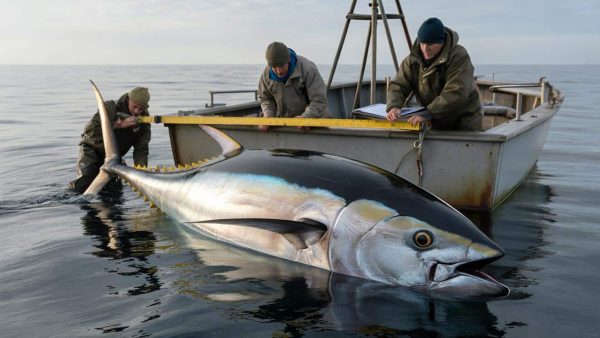 A rare giant bluefin tuna is measured and confirmed by marine biologists using peer-reviewed protocols